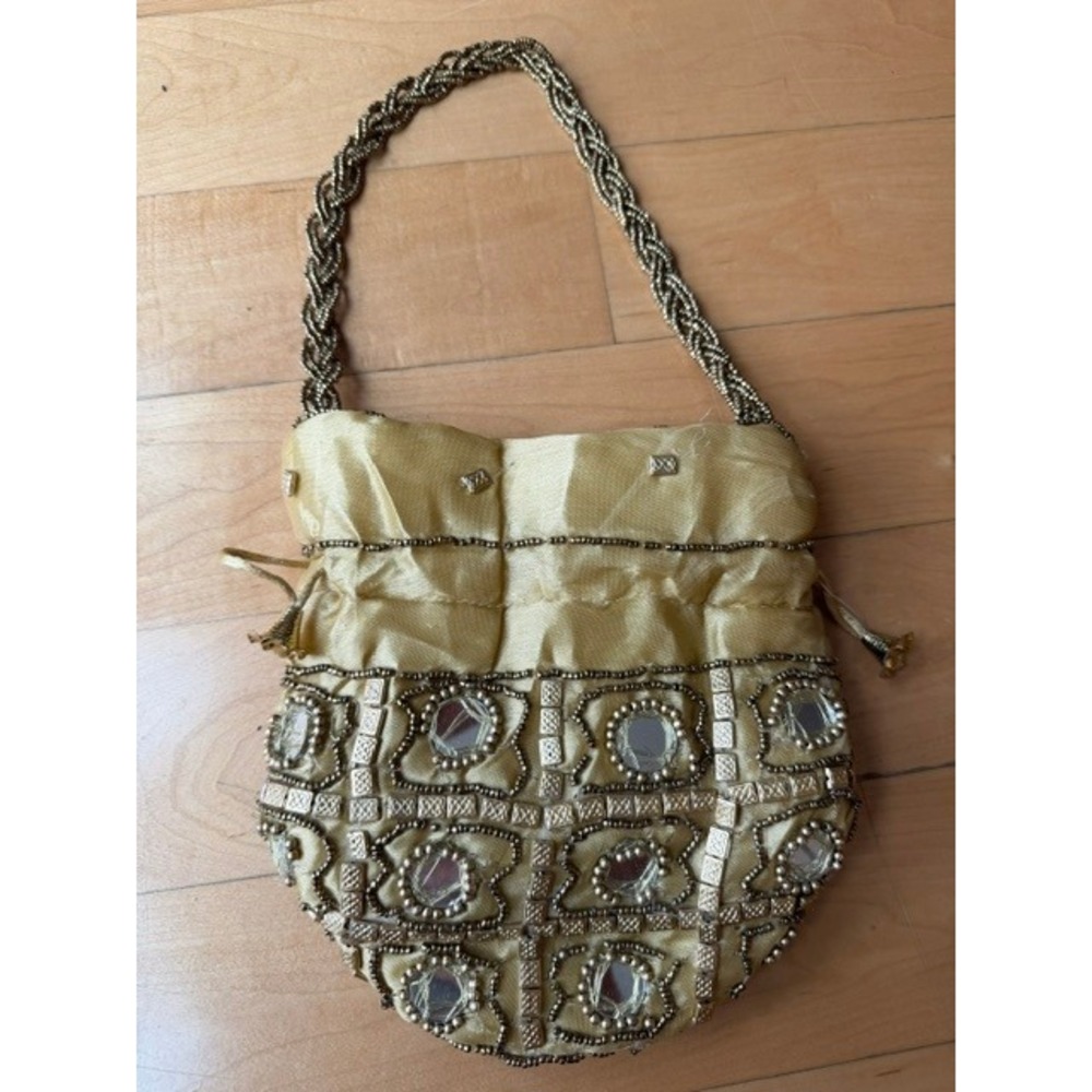 Vintage Gold Beaded Mirror Potli Bag Drawstring Evening Purse Wedding Clutch